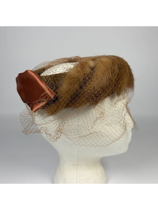 Vintage Brown Mink Fur Fascinator Hat Bird Cage Veil & Satin Bow Accent